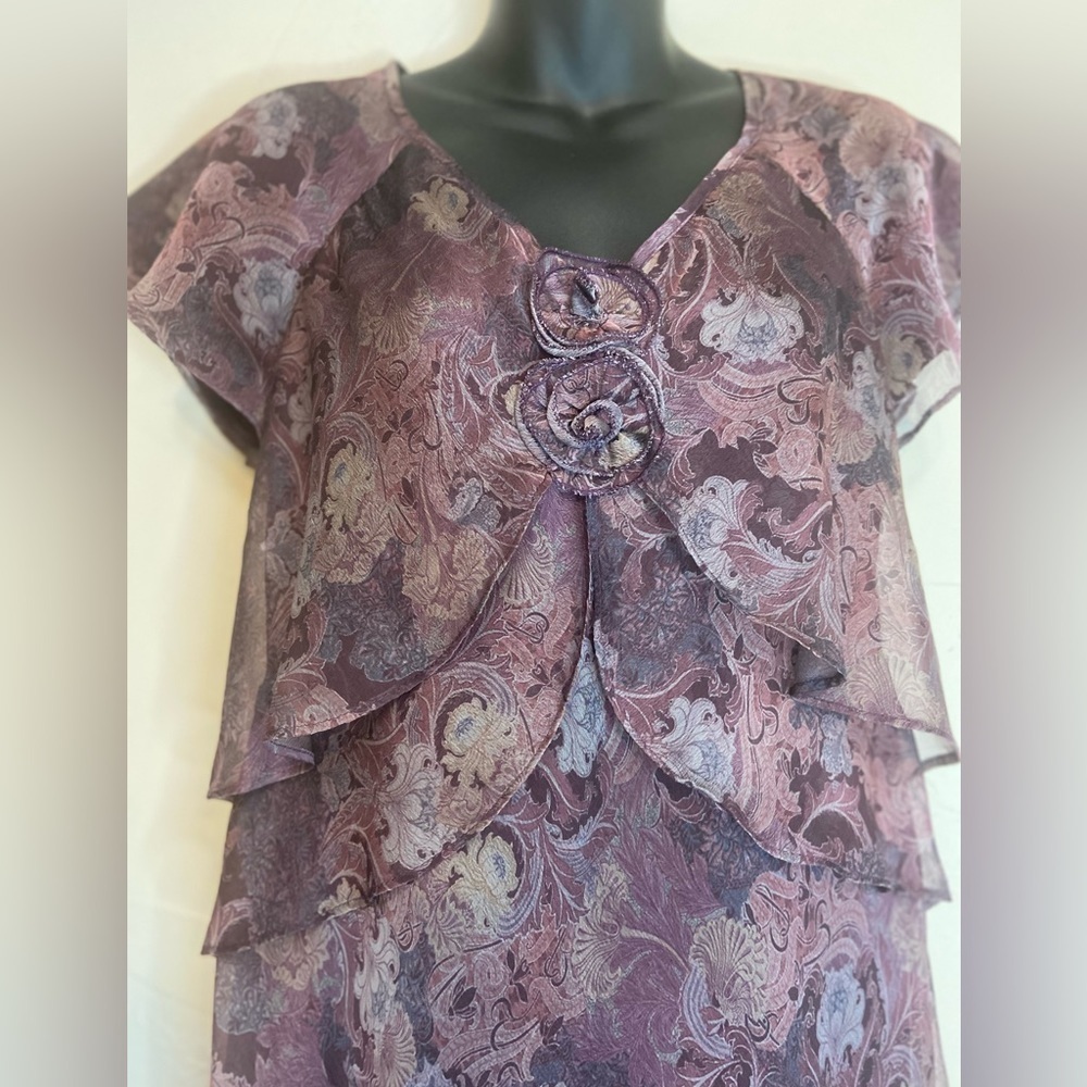 R&M Richards~Floral Sheer Layered Dress~Short Bell Sleeve~Vintage~Lined~Size 10P - Picture 5 of 11